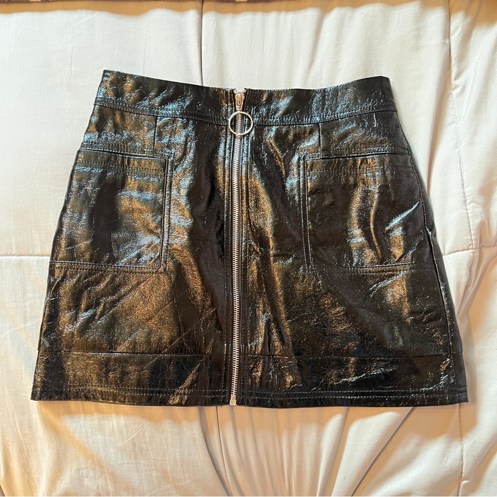 Topshop Shiny Black Patent Leather Grunge Pencil Skirt Circle Zipper w/ Pockets
